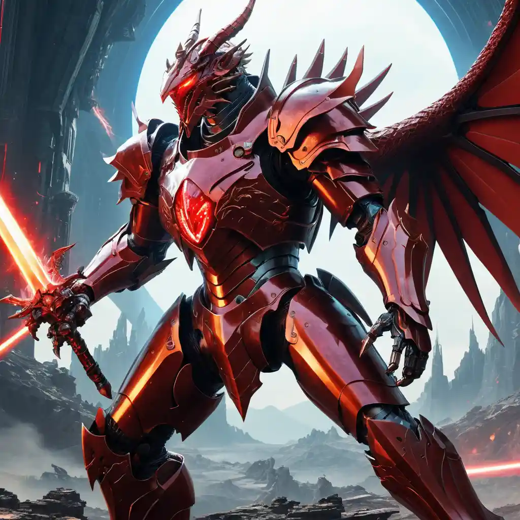 Anime knight in mecha armor battling a raging red dragon