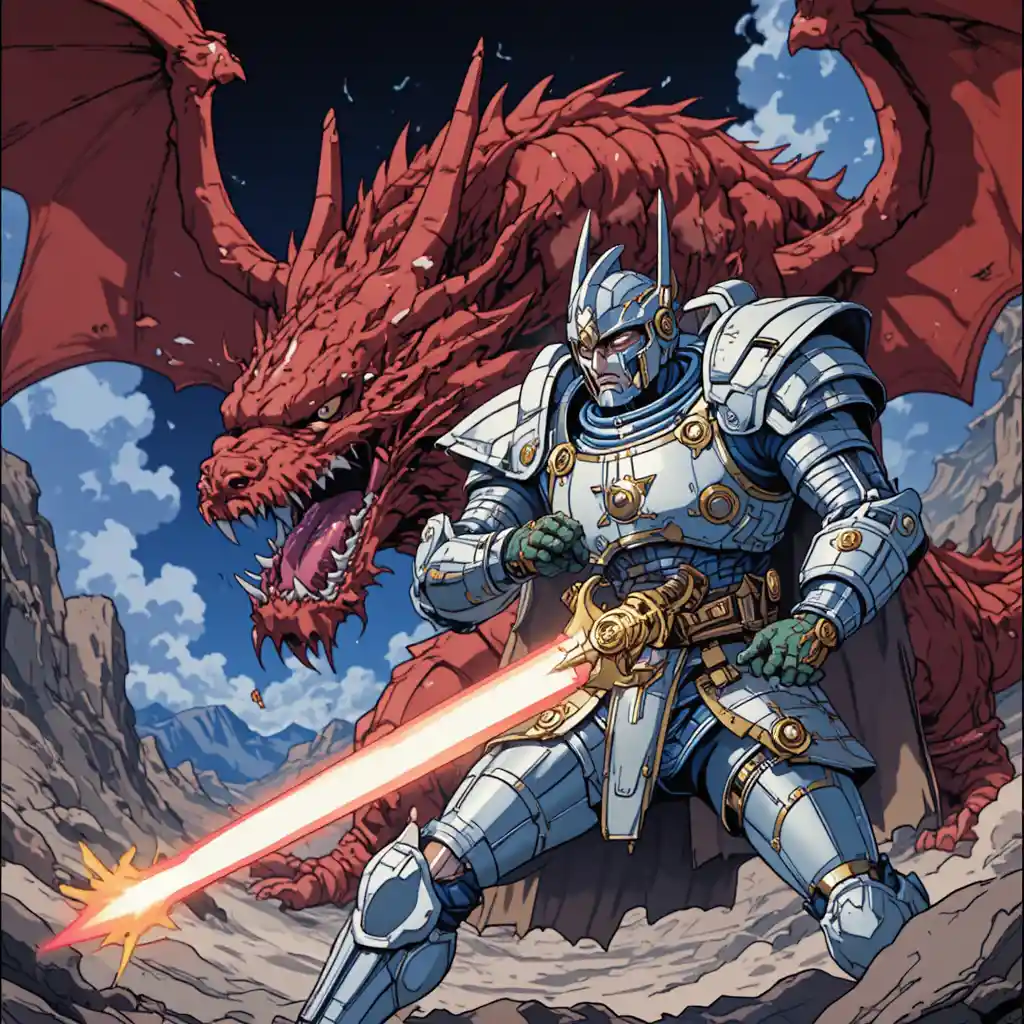 Anime mecha knight dueling a red dragon with laser sword
