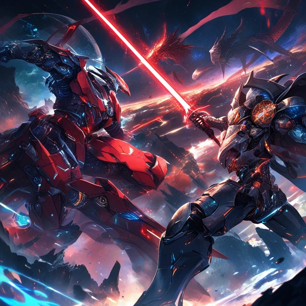 Armored knight with laser sword fighting a red dragon