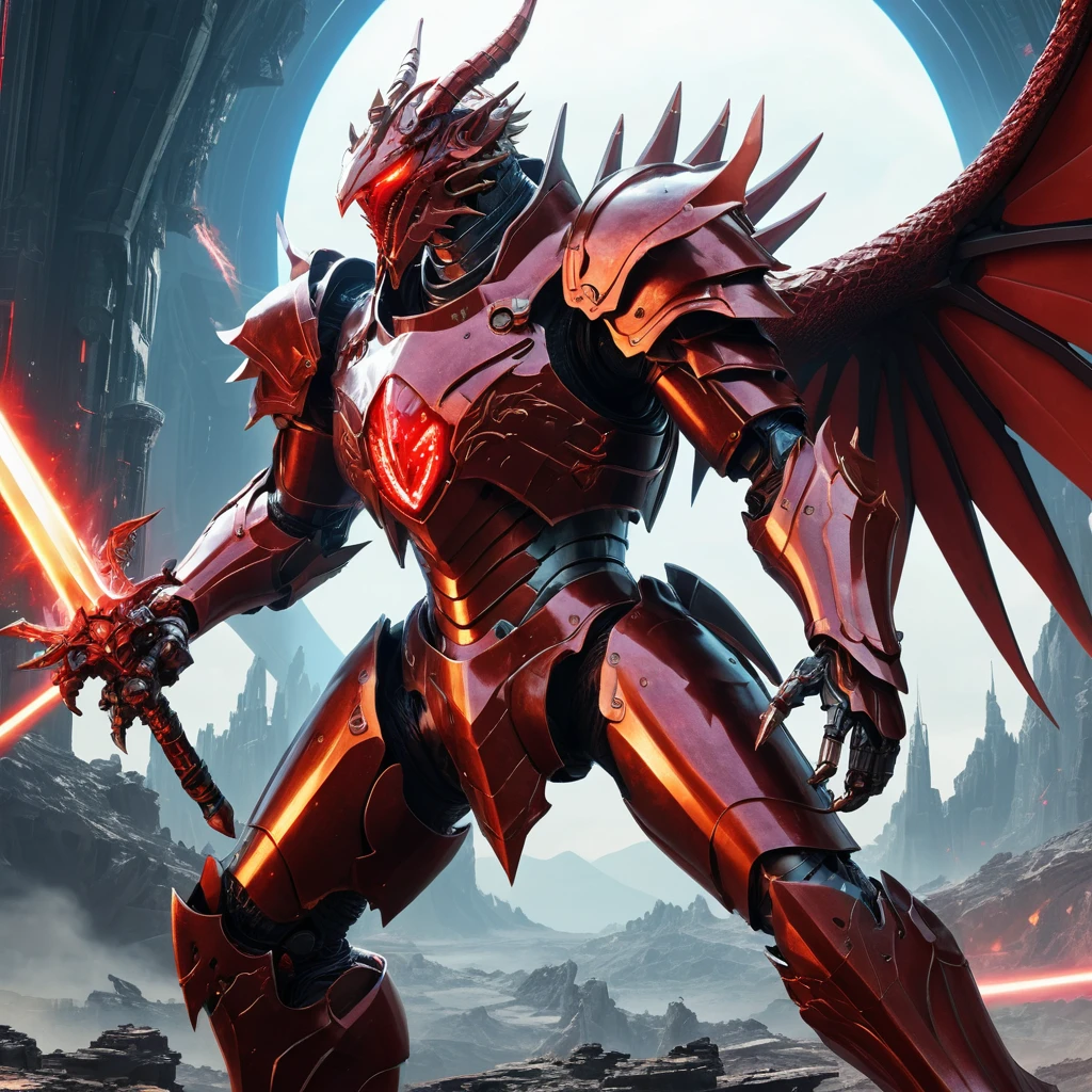 Anime knight in mecha armor battling a raging red dragon