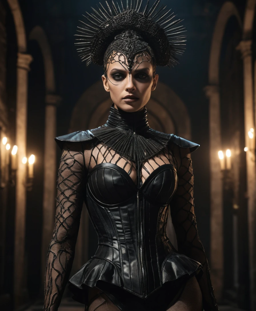Enigmatic surreal guardian woman in a dark vibrant scene