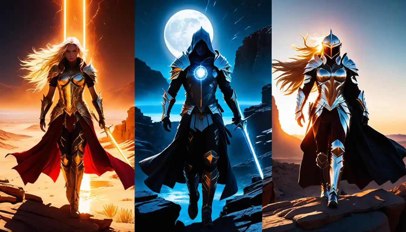 Sunlit warrior woman on a desert cliff in golden armor