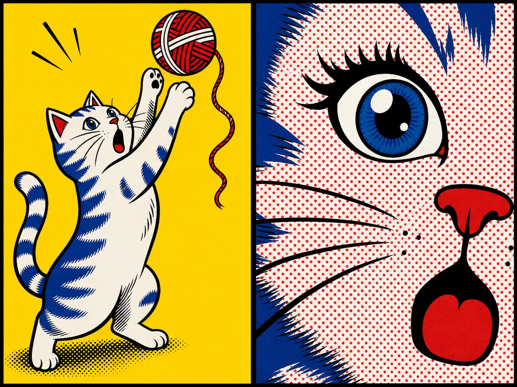White cartoon cat reaching for red yarn on yellow background