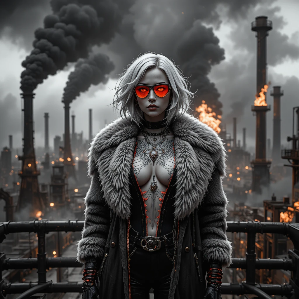 Cyberpunk femme fatale above burning industrial cityscape