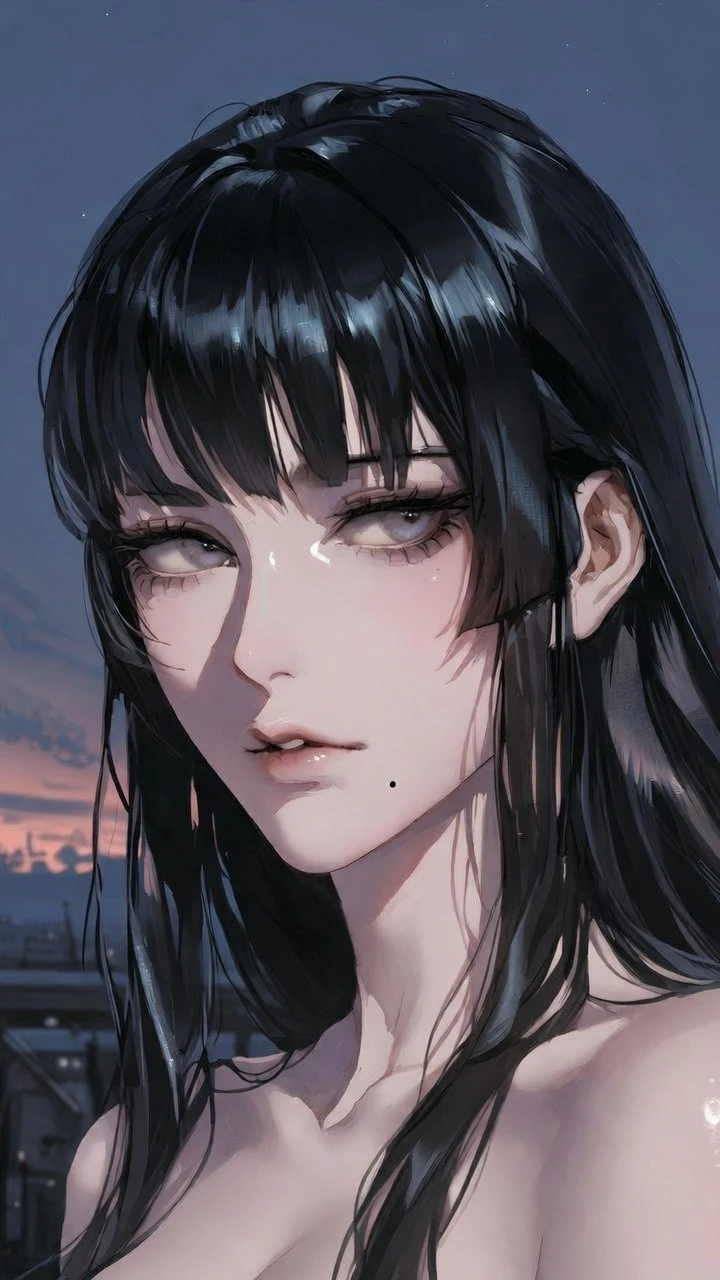 Elegant anime girl under a clear twilight night sky