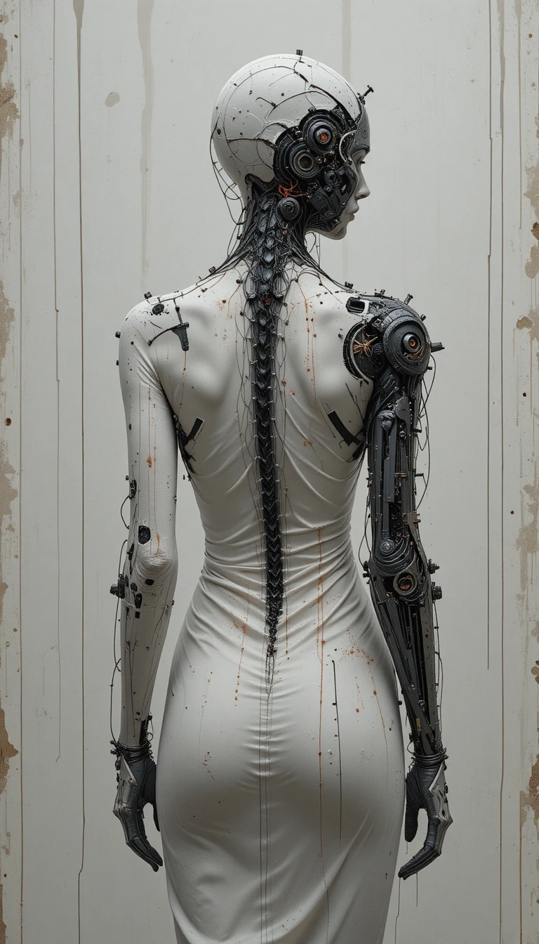 Futuristic cyborg woman in white dress seen from behind