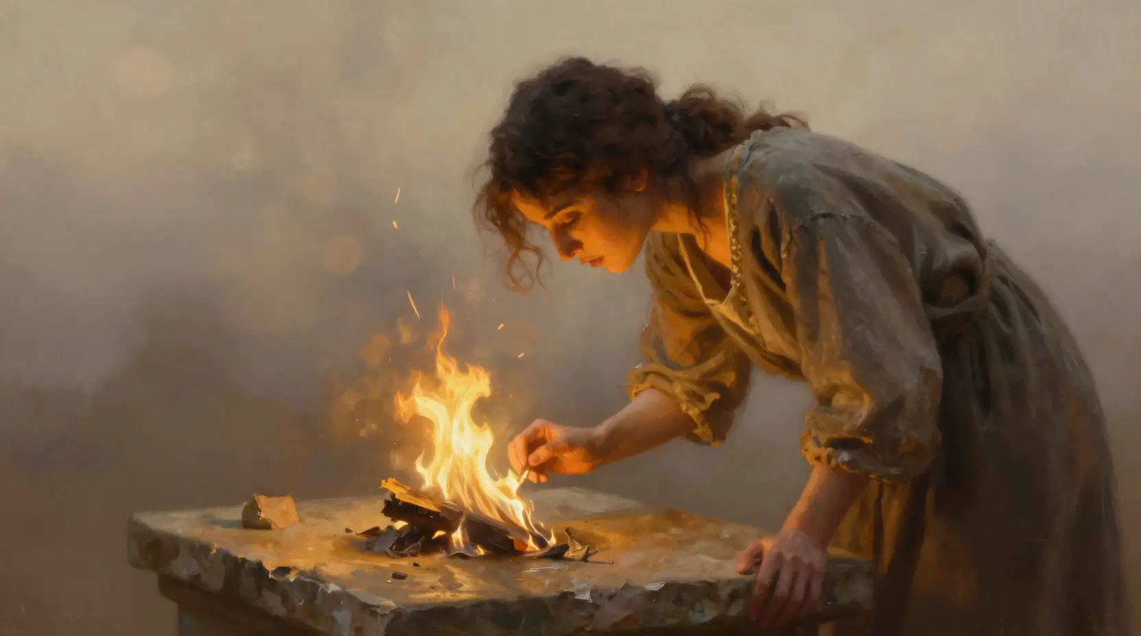 Person guarding a fragile flame on a stone altar