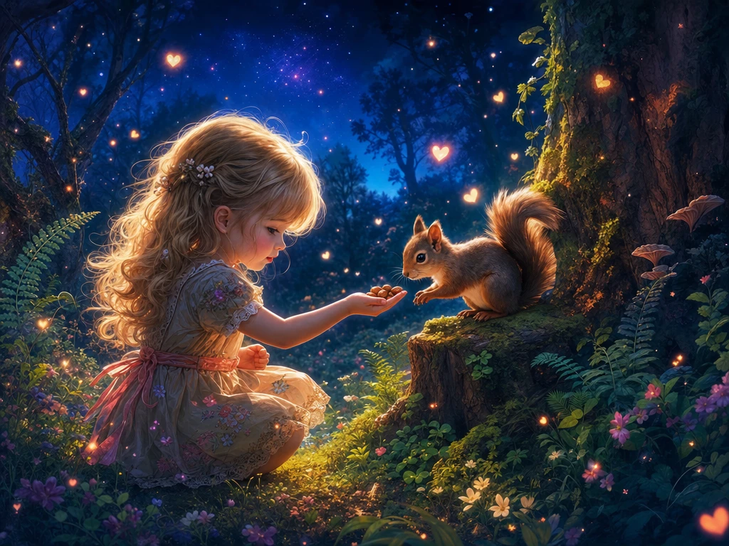 Little girl feeding a squirrel in a magical forest