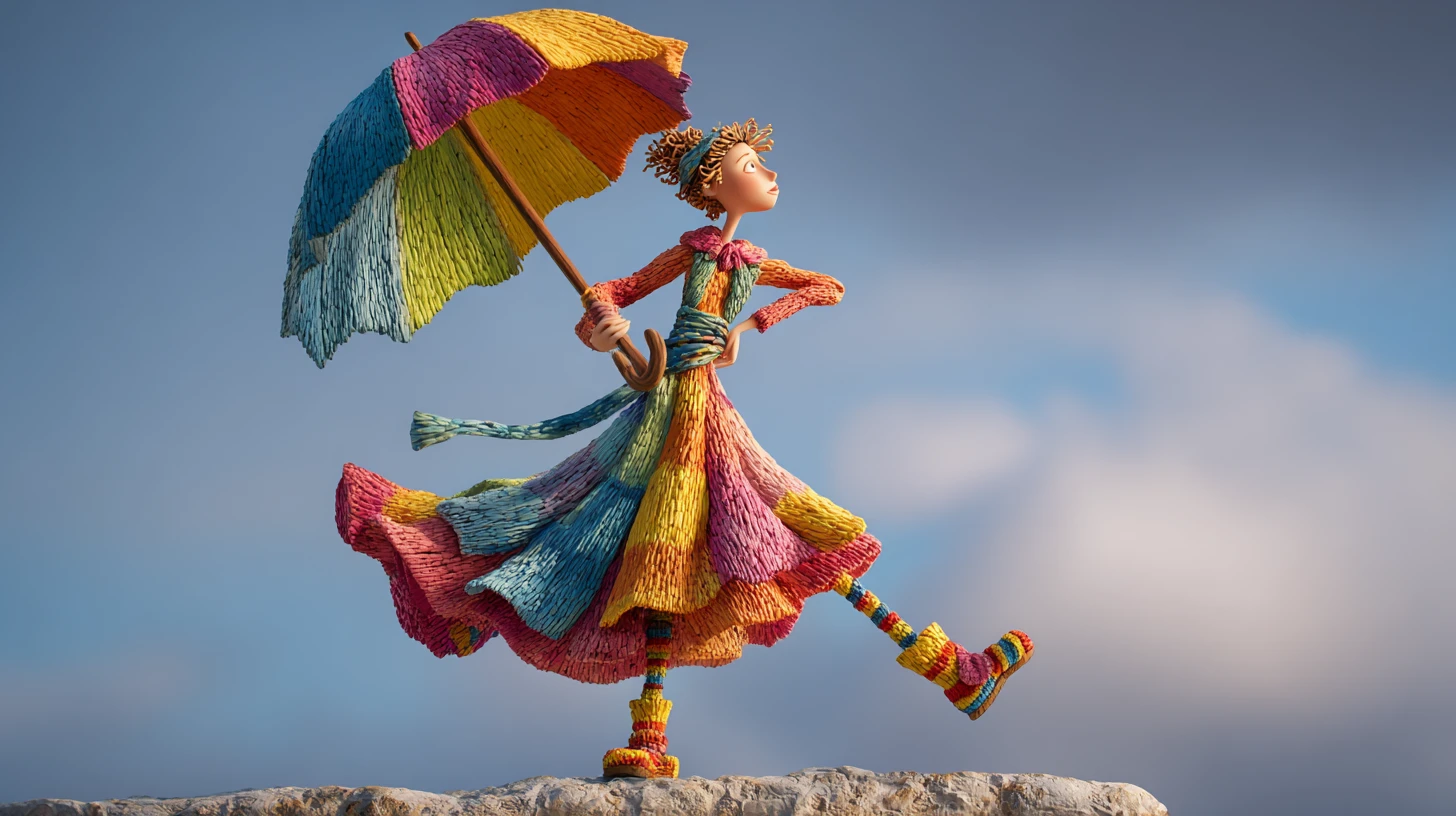 Colorful clay woman with umbrella in serene landscape
