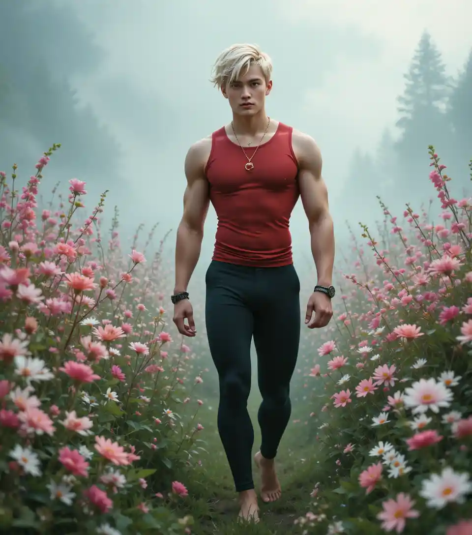 Blond young man walking barefoot through a summer meadow
