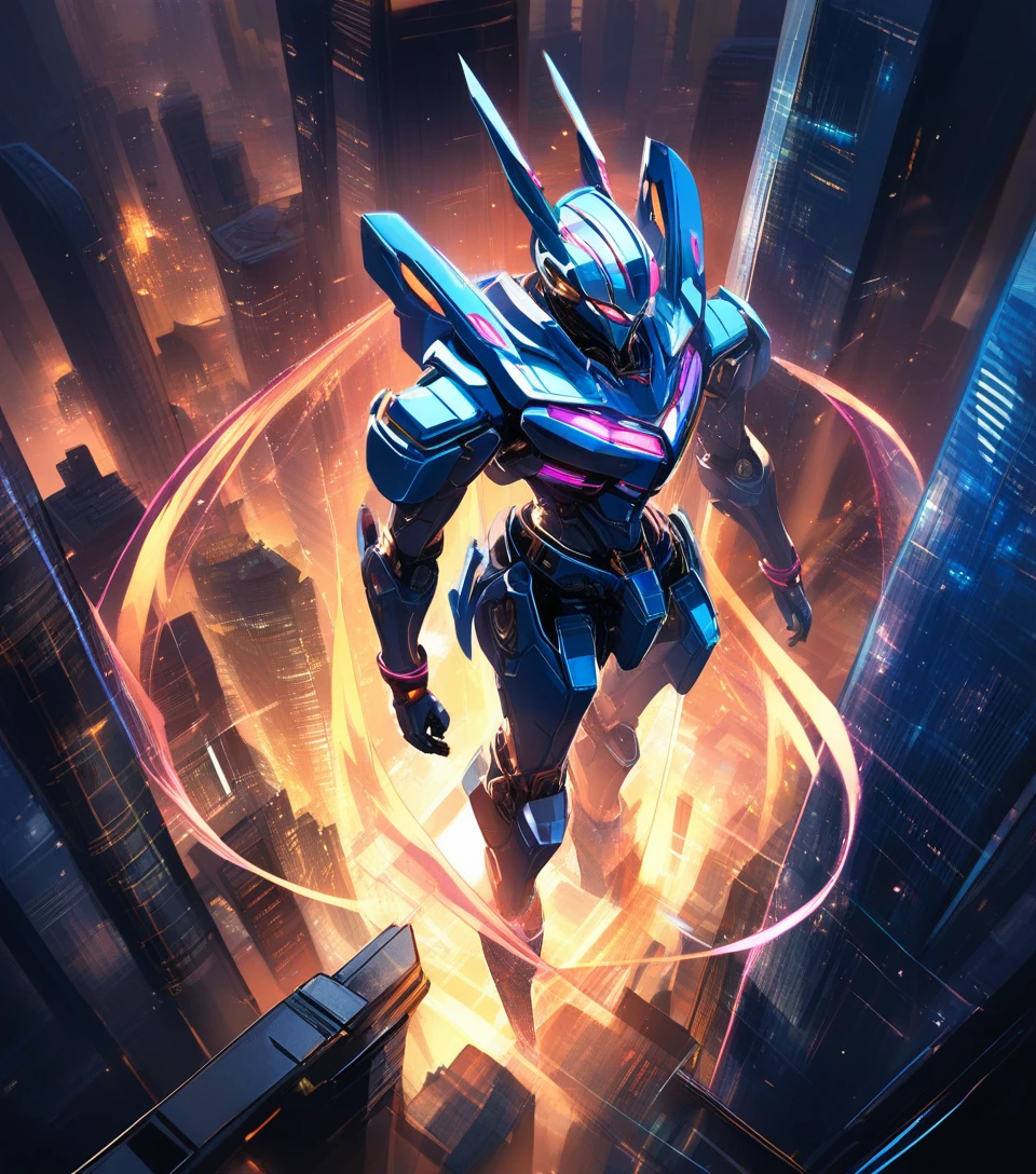 Blue mecha dancer poised on a towering city skyscraper