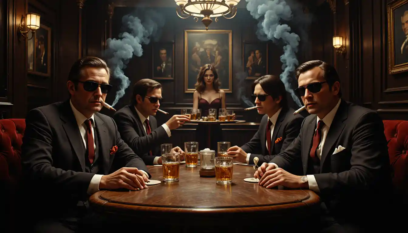 Mafia bosses smoking cigars in a dark velvet bar