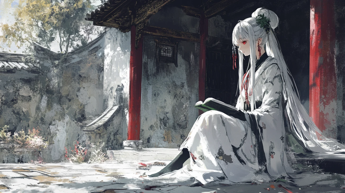 White haired anime girl in a cliffside temple courtyard