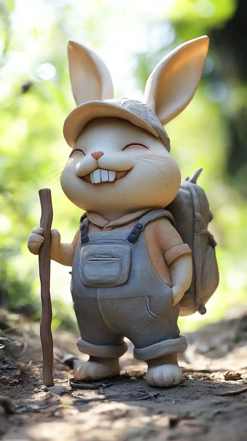 Cartoon amber rabbit hiking proudly along a sunny path