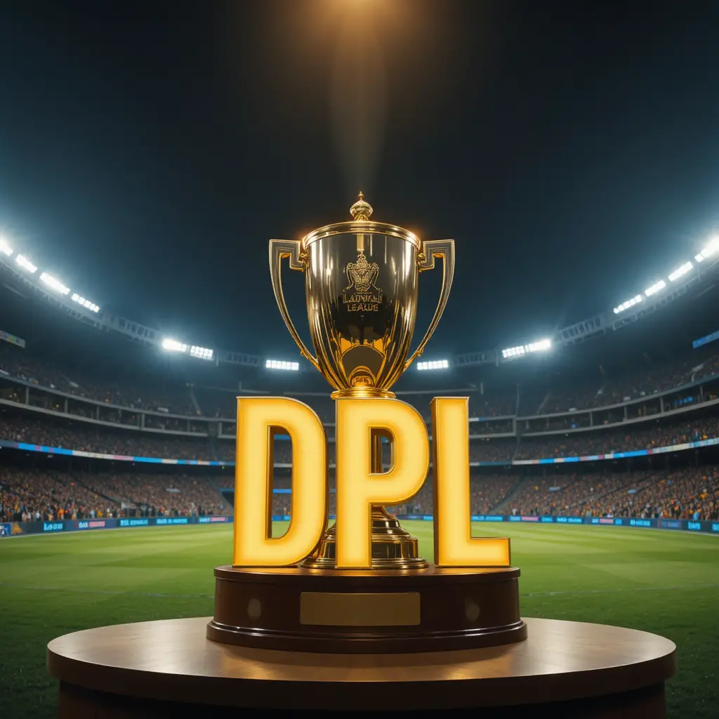 Championship cricket trophy on field with glowing DPL letters