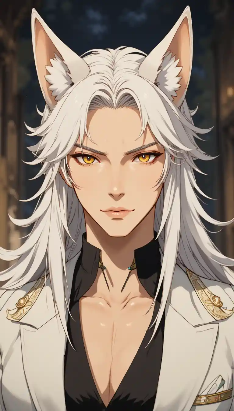 Elegant fox eared anime man with silver white hair