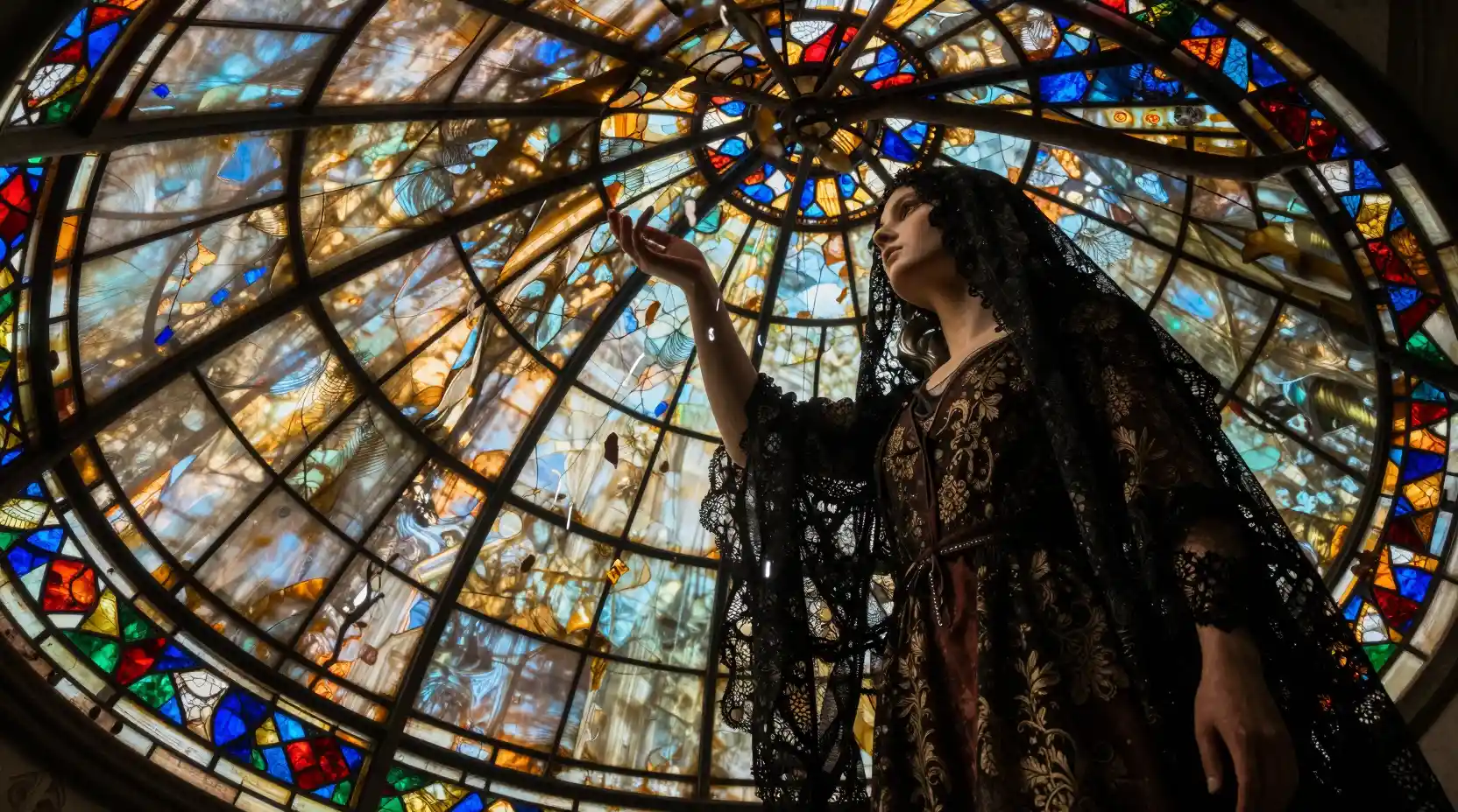 Low angle view of stained glass ceiling collapsing inward