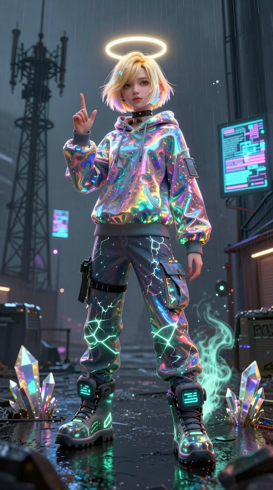 Donna cyberpunk con outfit olografico in un vicolo piovoso
