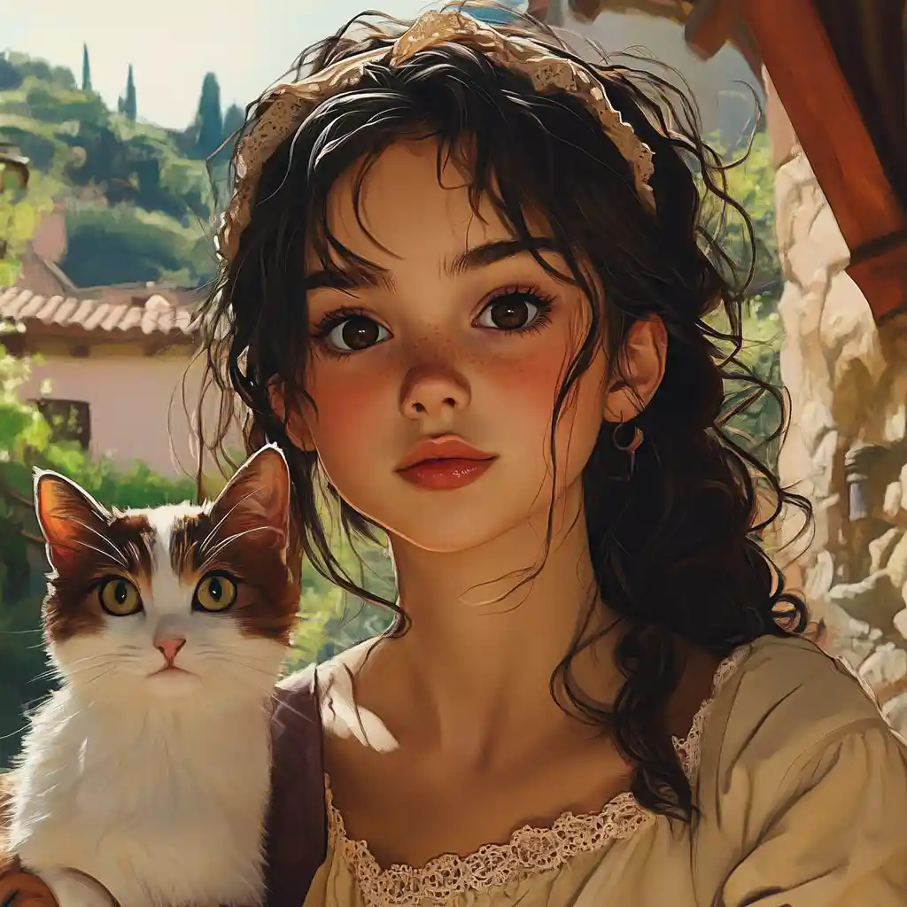 Girl with brown cat on a tranquil house patio