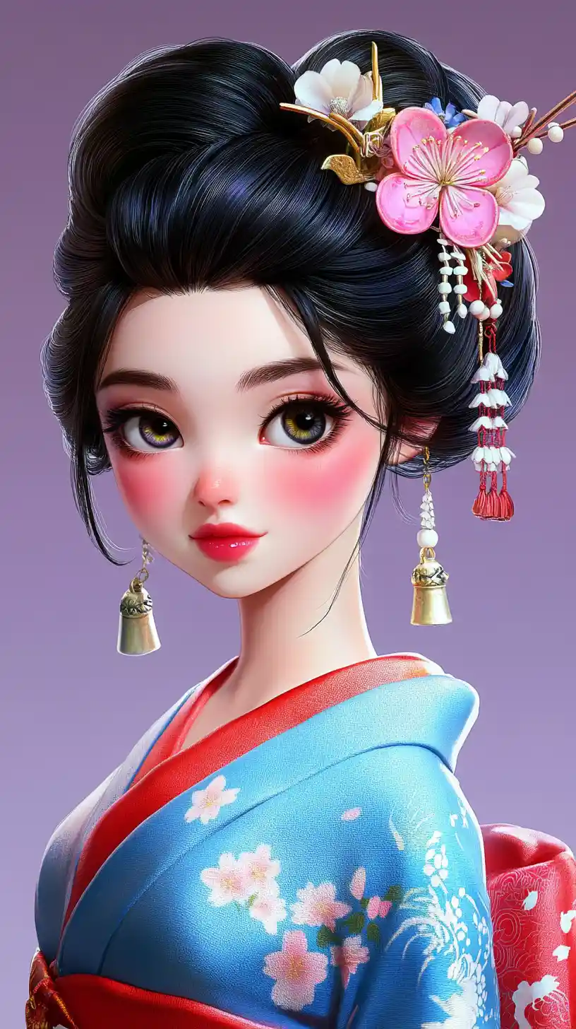 Elegant anime girl in blue kimono with floral hair ornaments