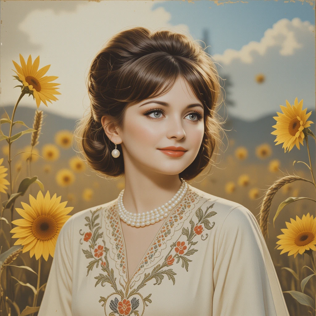 Romantic Ukrainian singer on vintage sunflower record cover