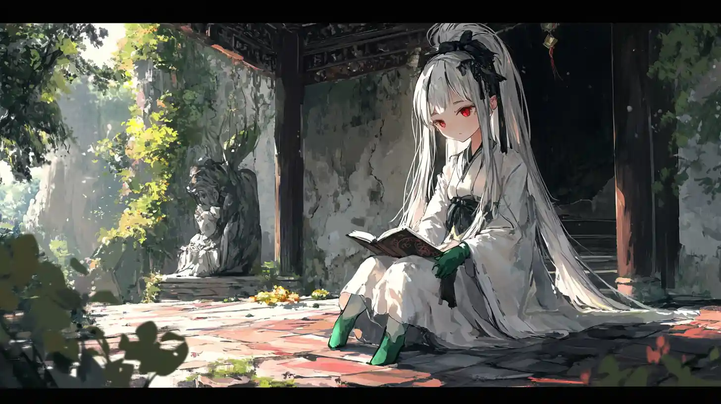 Anime girl in white robe standing in cliffside temple courtyard