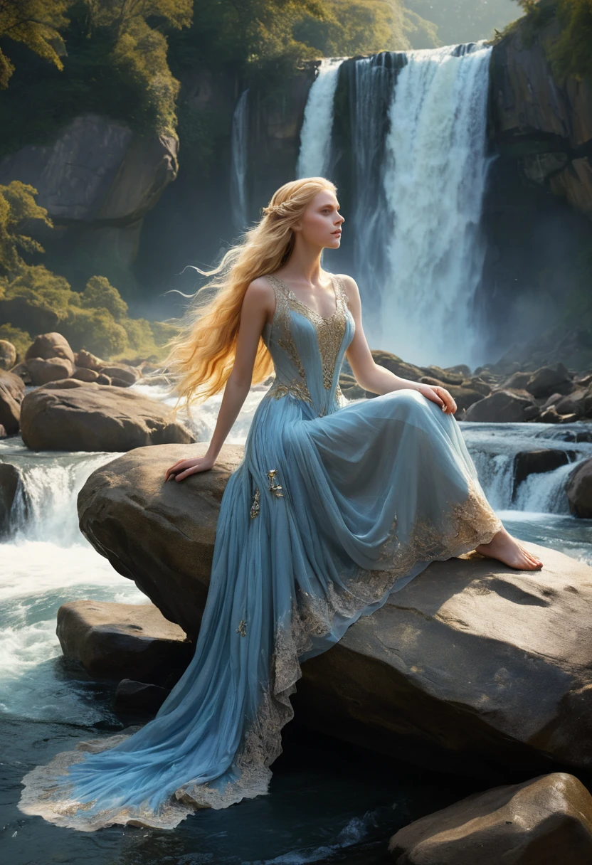 Woman resting on a cliffside boulder above a waterfall