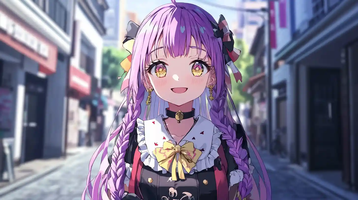 Anime girl with purple hair walking a black cat in city