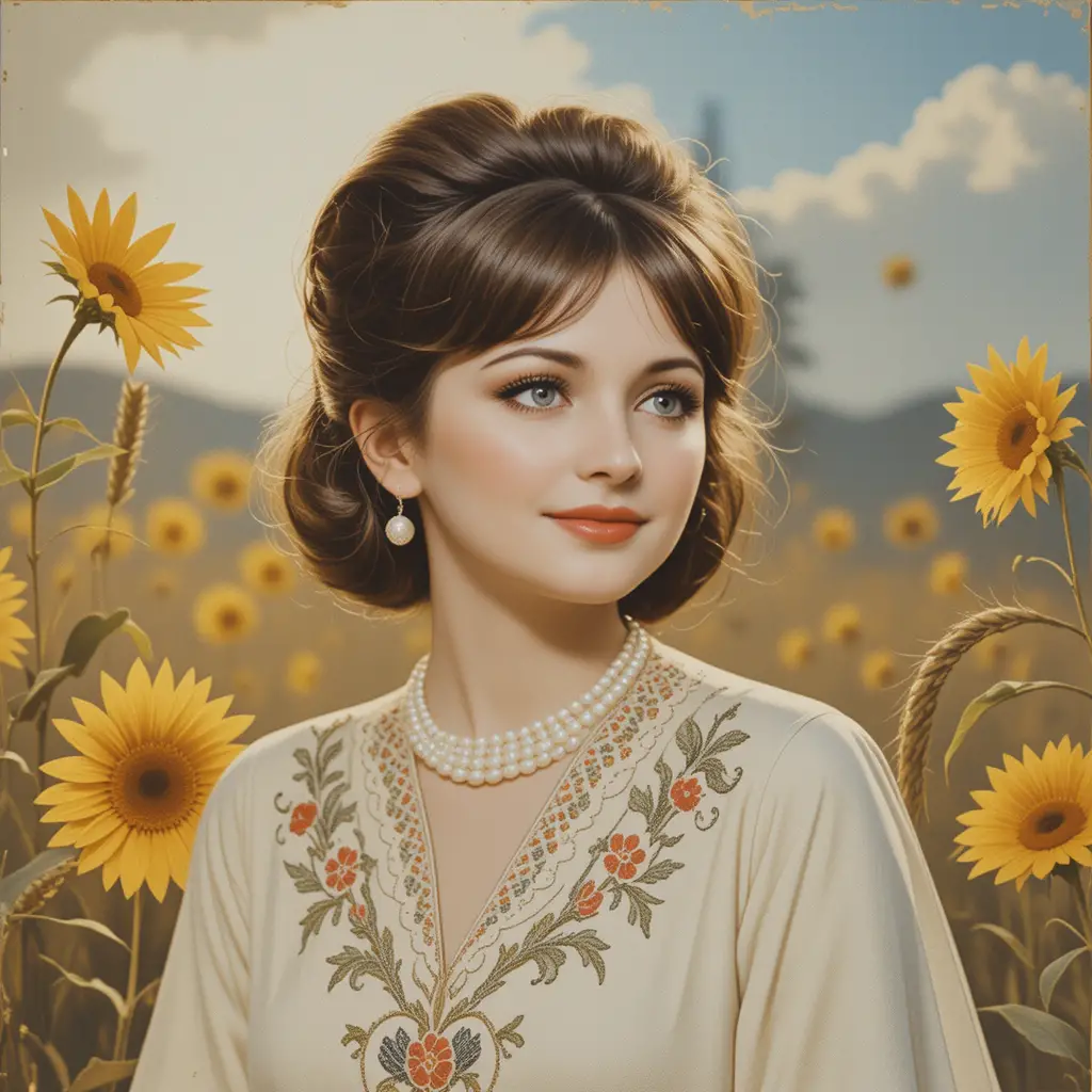 Cantante ucraina romantica su copertina di disco vintage con girasoli