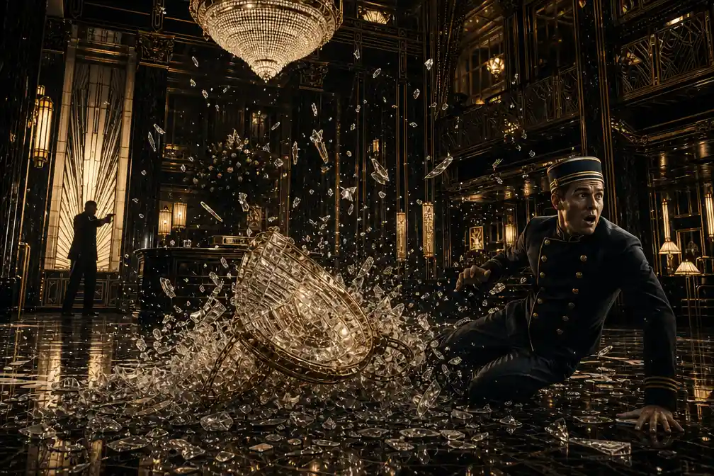 Art deco hotel lobby with fallen chandelier and gunman