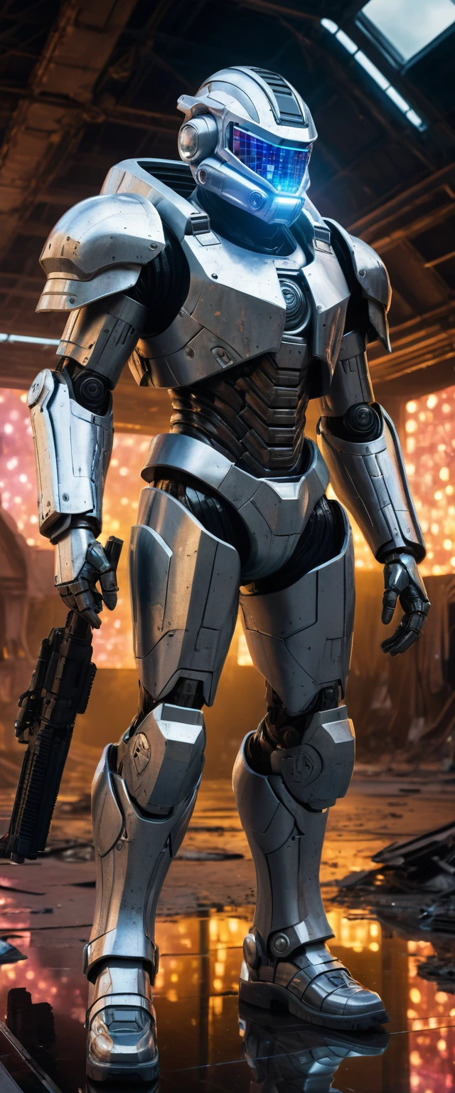 Futuristic exosuit warrior on aircraft platform in disco