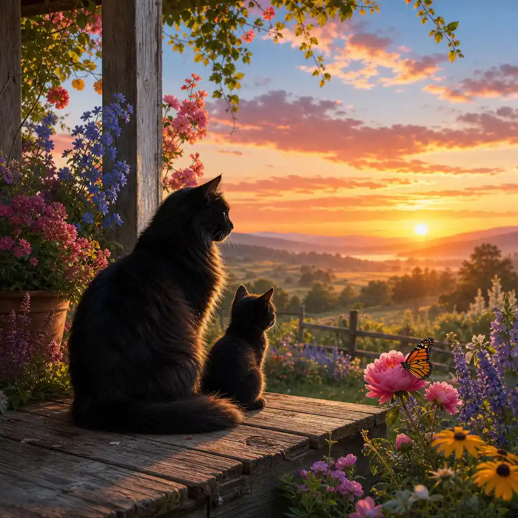 Mother cat and kitten on a porch at sunrise