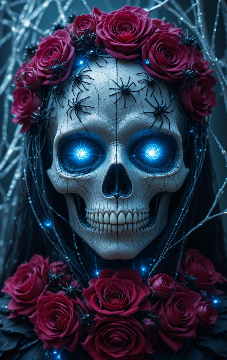 Creepy skull ghoul with glowing blue eyes and roses