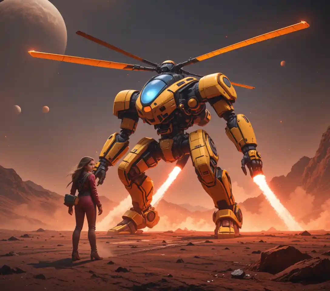 Woman in red space suit standing beside massive mars mecha