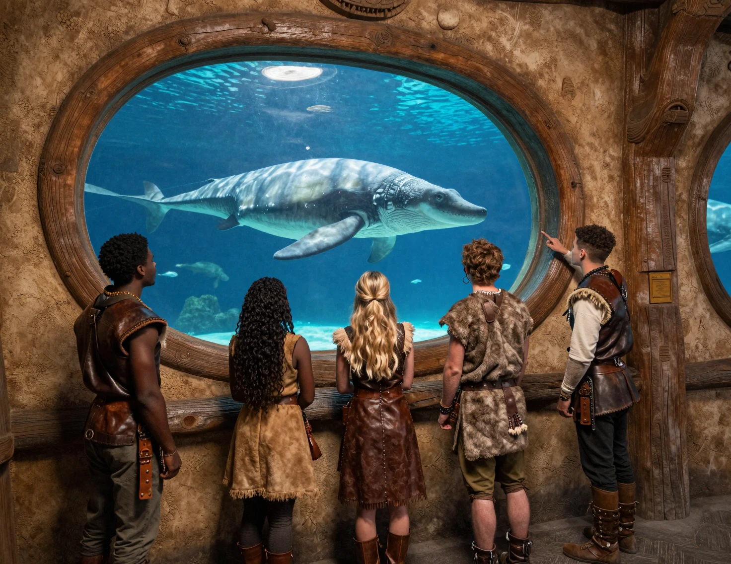 African friends in fantasy aquarium watching prehistoric plesiosaur