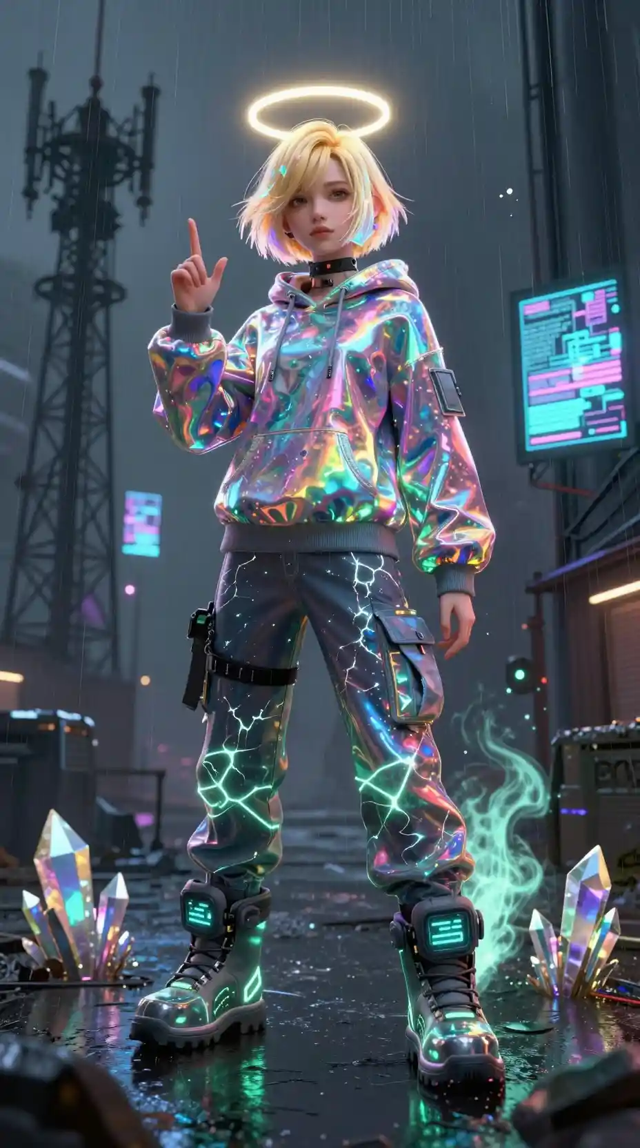 Cyberpunk woman in holographic outfit in rainy alley