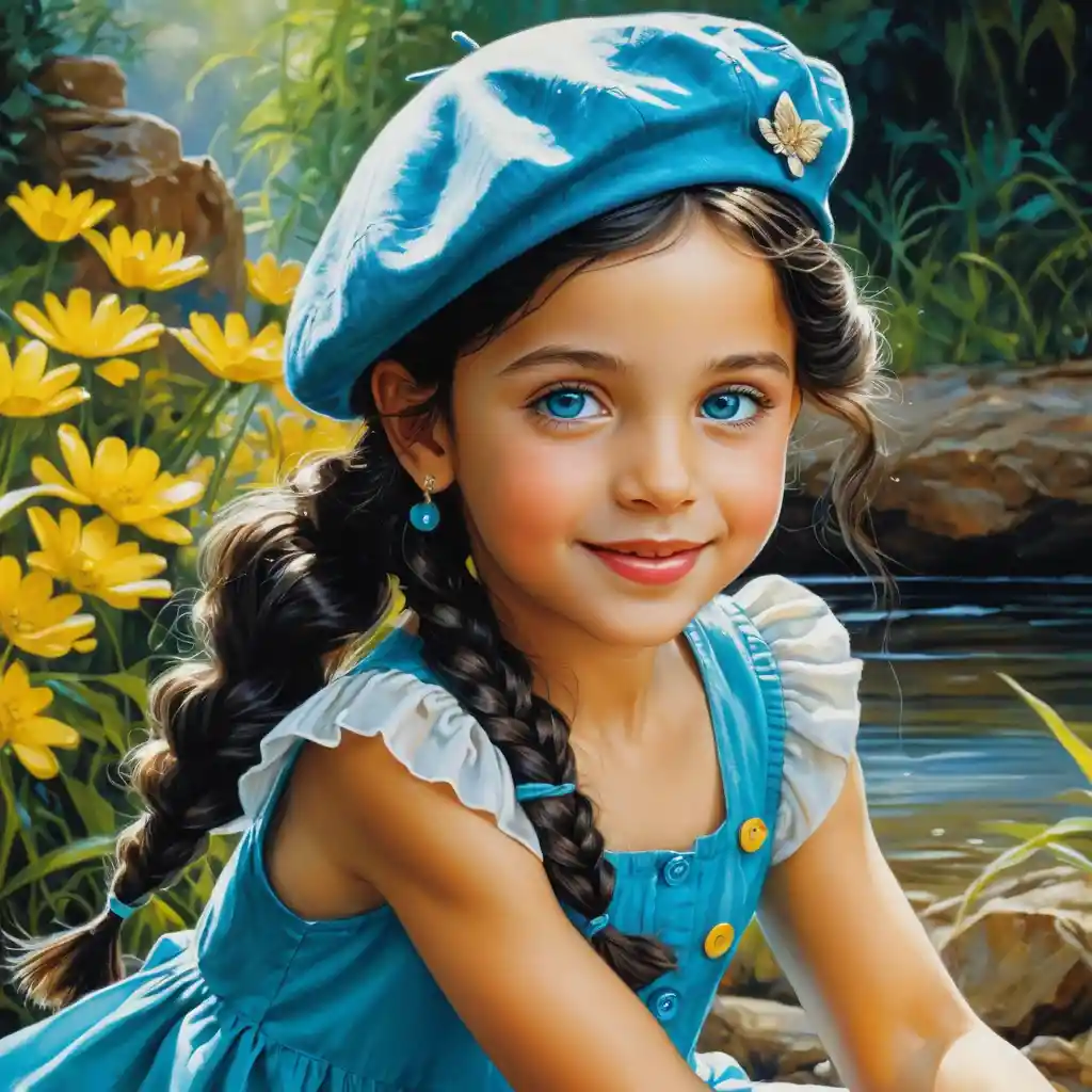 Smiling girl in beret and summer dress crouching outdoors