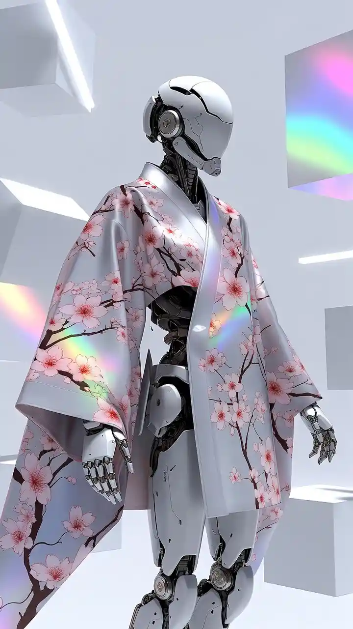 Futuristic mecha in flowing smart fabric kimono design