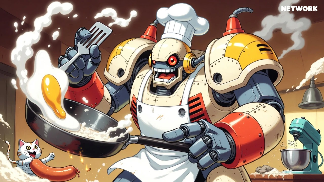 Bulky kitchen robot chef frying an oversized egg
