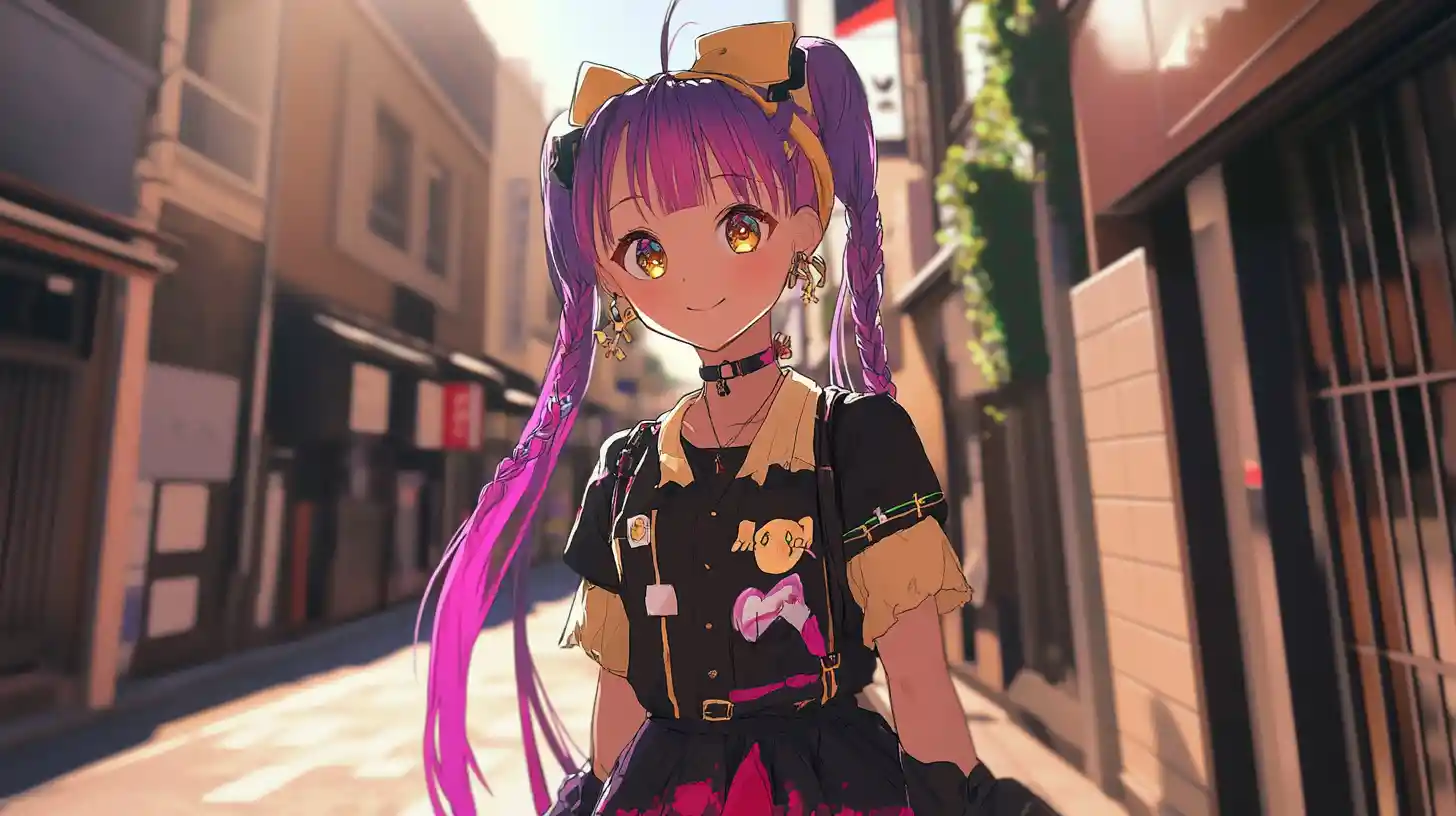 Anime girl with purple hair walking a black cat downtown