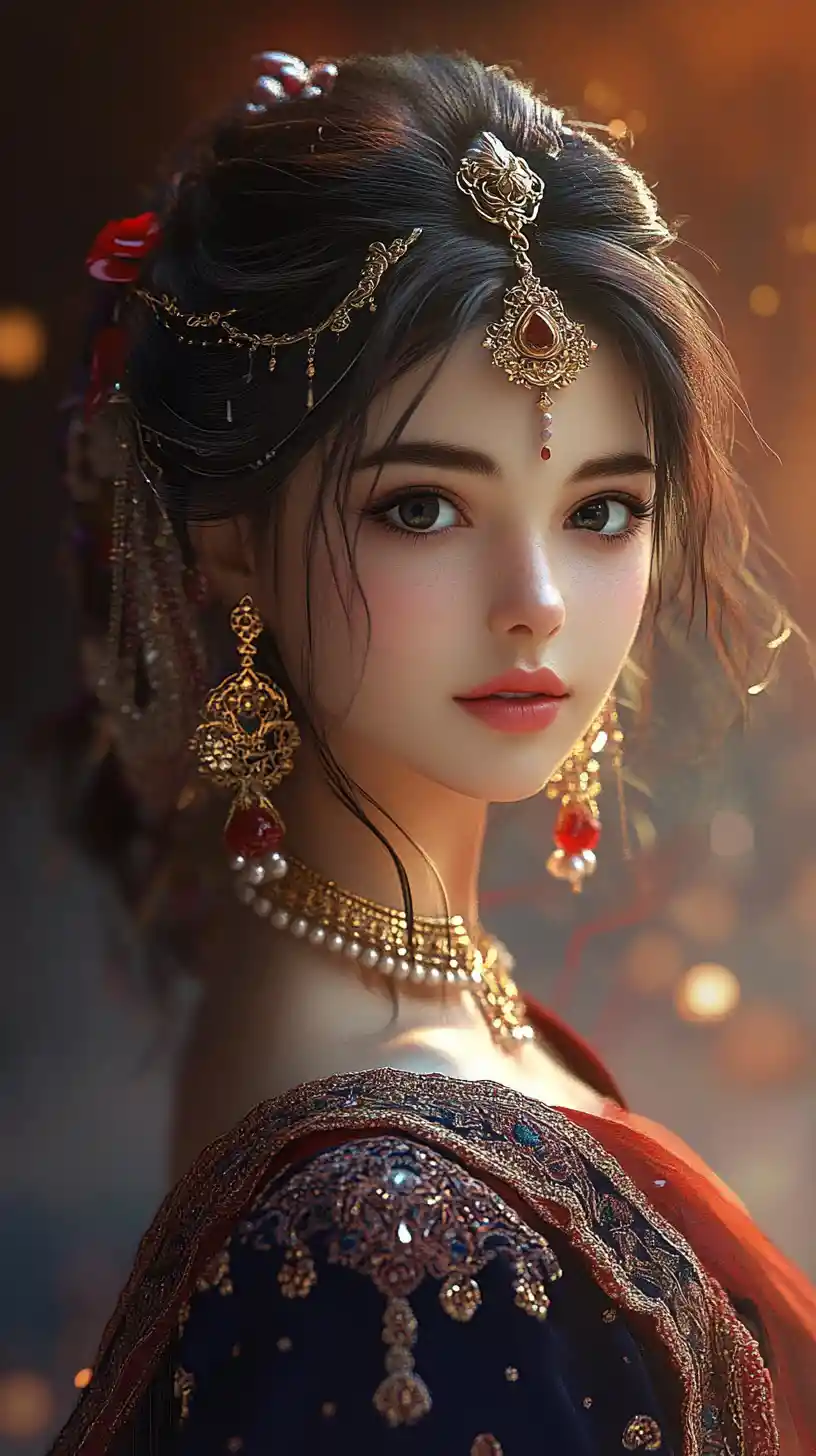Elegant anime girl in ornate red and gold attire