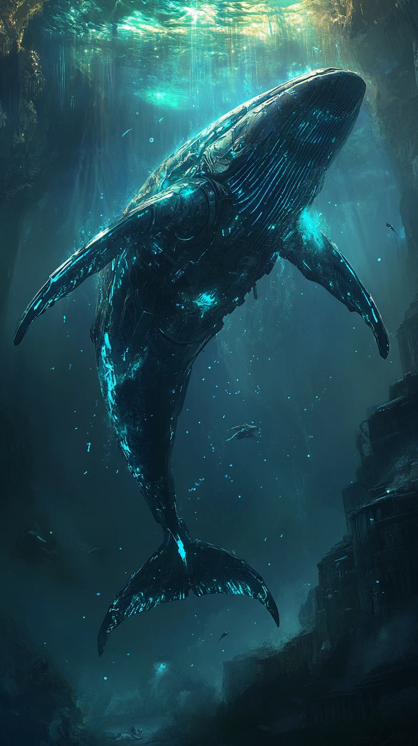 Colossal Whale Mecha Among Ancient Underwater Ruins