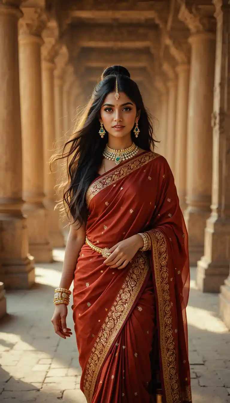 Elegant Indian woman walking through sandstone temple corridor
