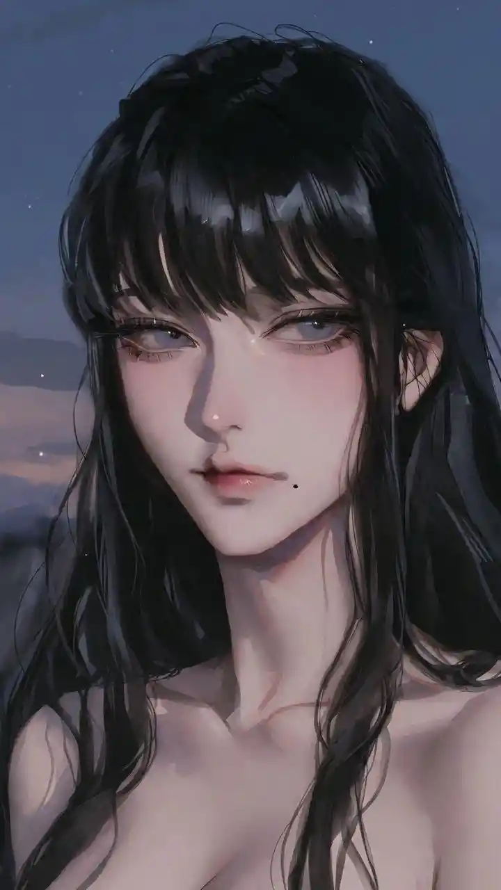 Elegant anime girl under a clear dusk night sky