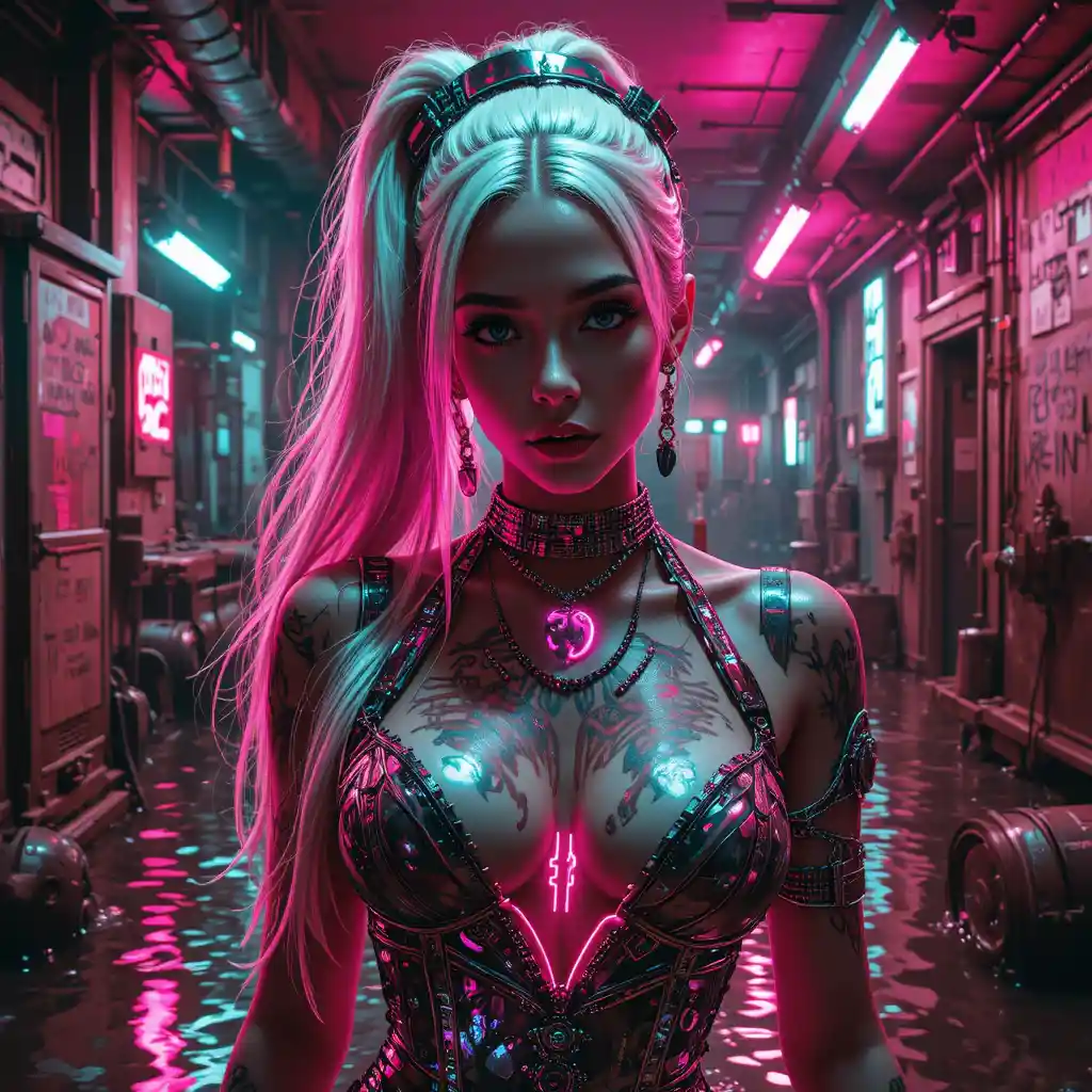 Cyberpunk outlaw nurse in intense glitch noir close up
