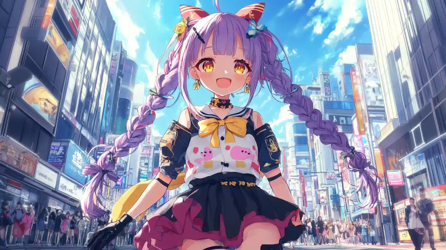 Anime girl with purple braid walking a black cat in city