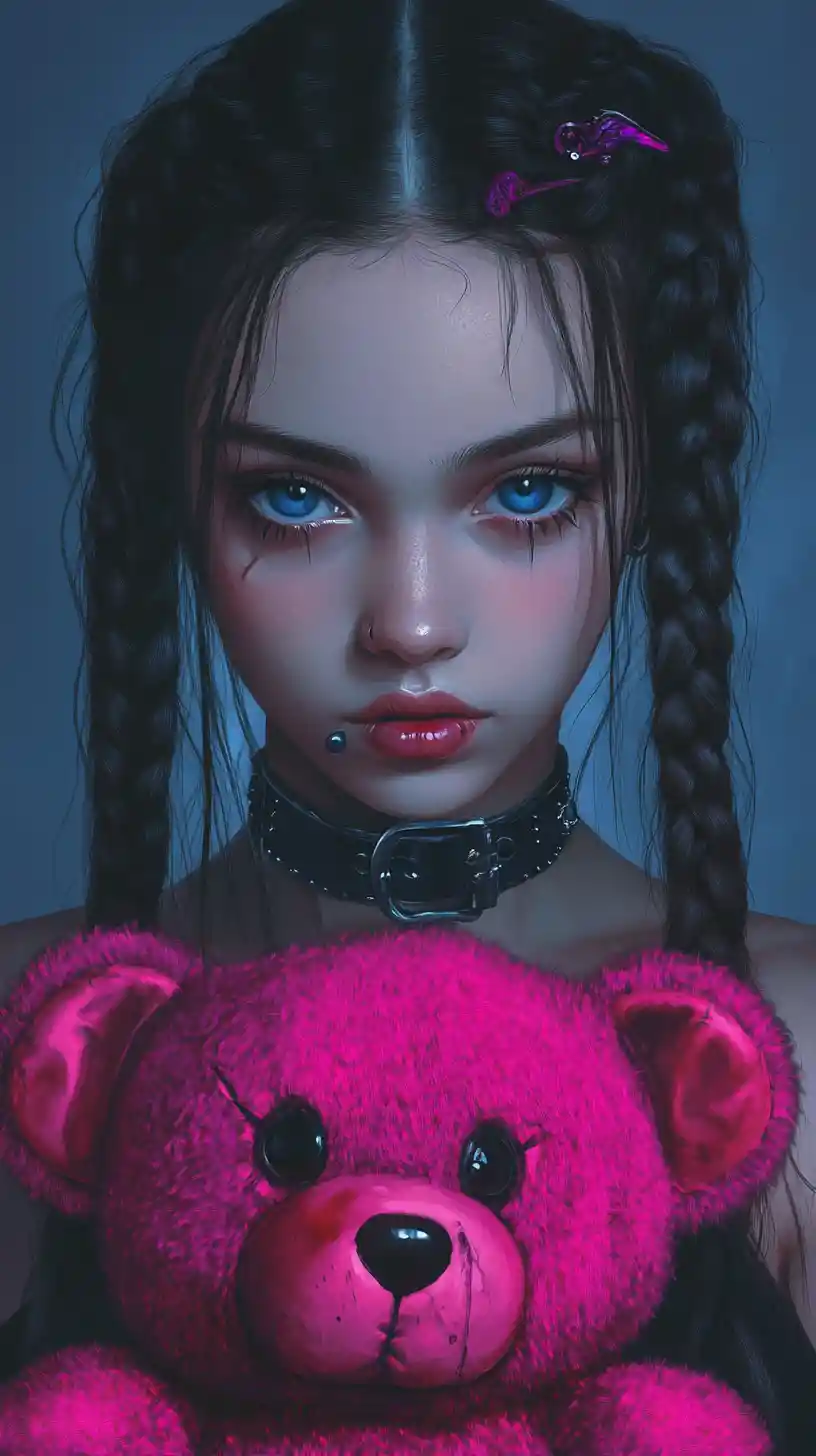 Gothic anime girl with pink teddy bear in blue portrait