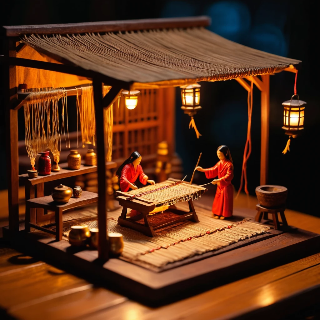 Tiny silk weaving workshop diorama lit by a single lamp