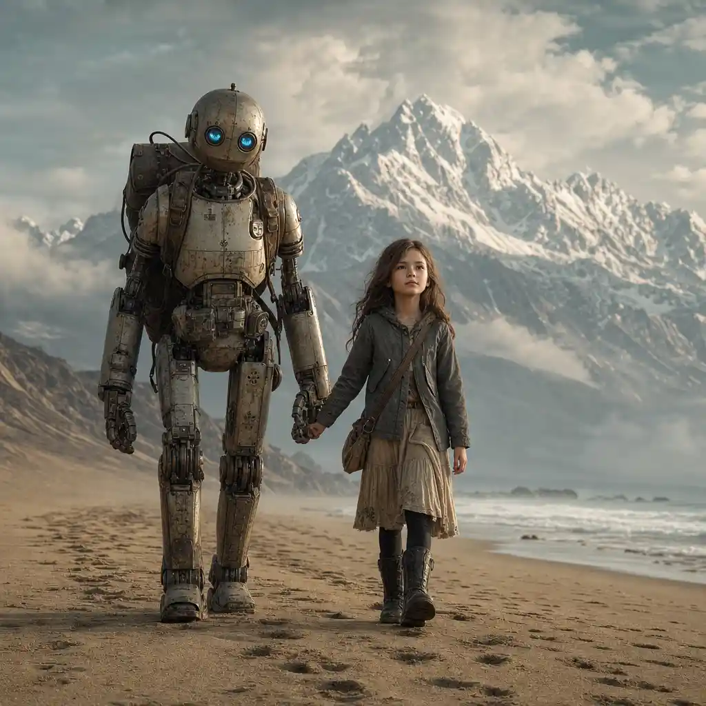 Robot and young girl walking together on a quiet beach