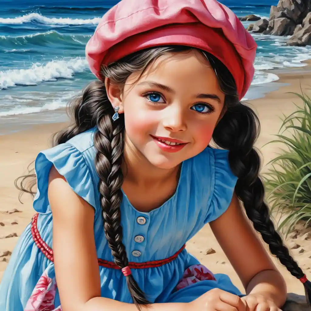 Little girl crouching in a red summer dress and pink beret